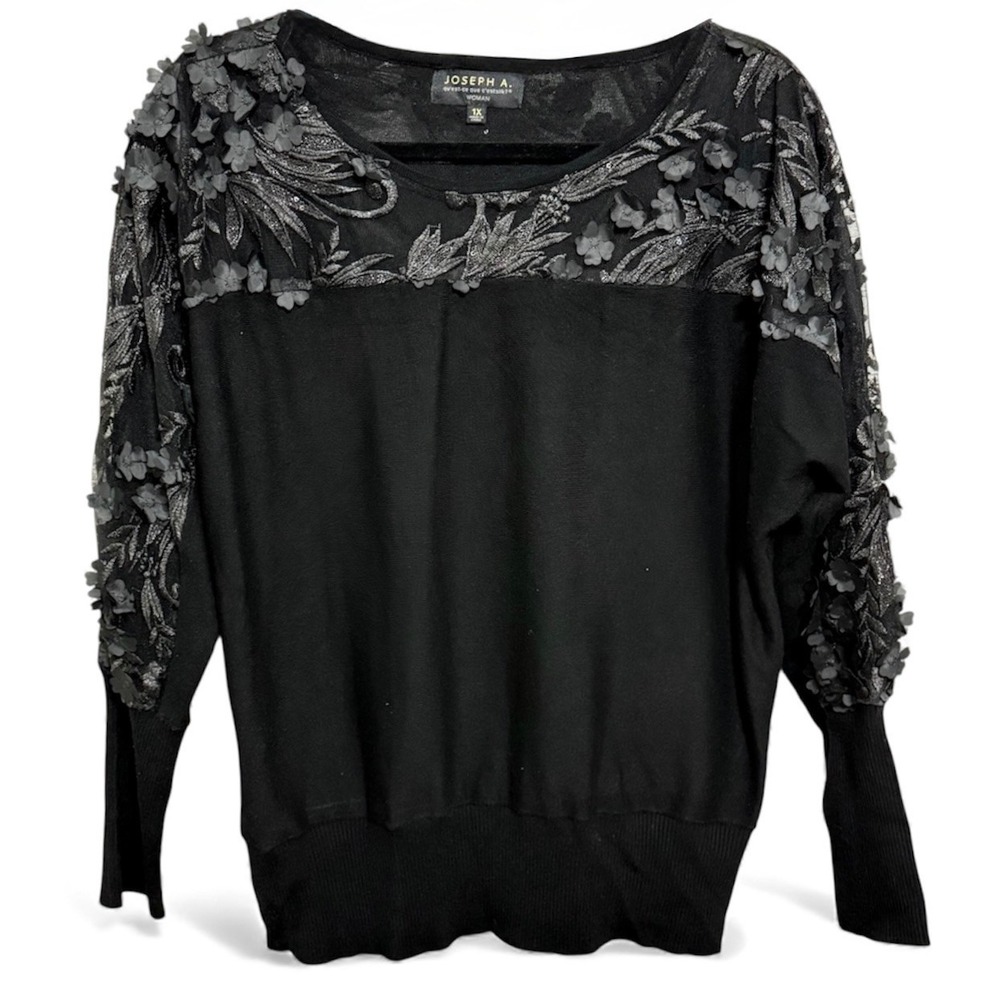 JOSEPH‎ A Women's 1X Black Floral Applique Sheer Mesh Dolman Sleeve Sweater Top